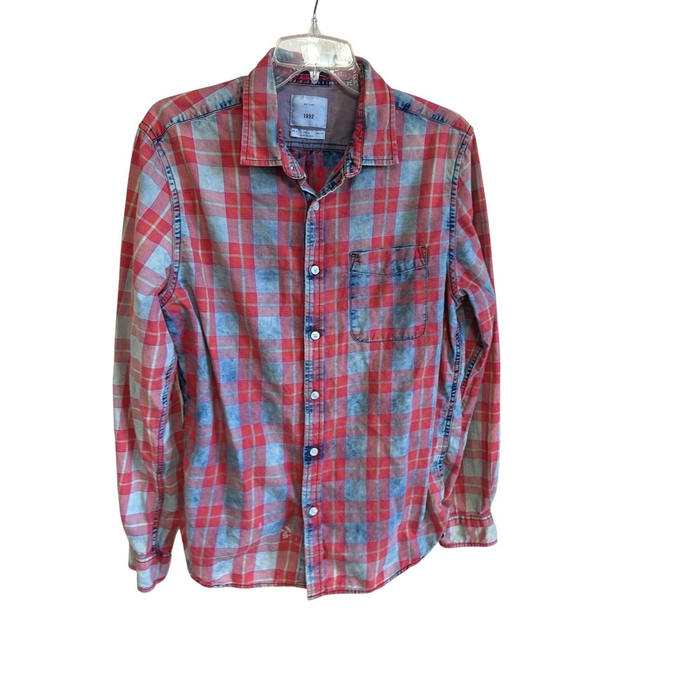 Zip Code 1992 Plaid Shirt Mens Large Red Blue Acid Wash Grunge Bleached Shirt